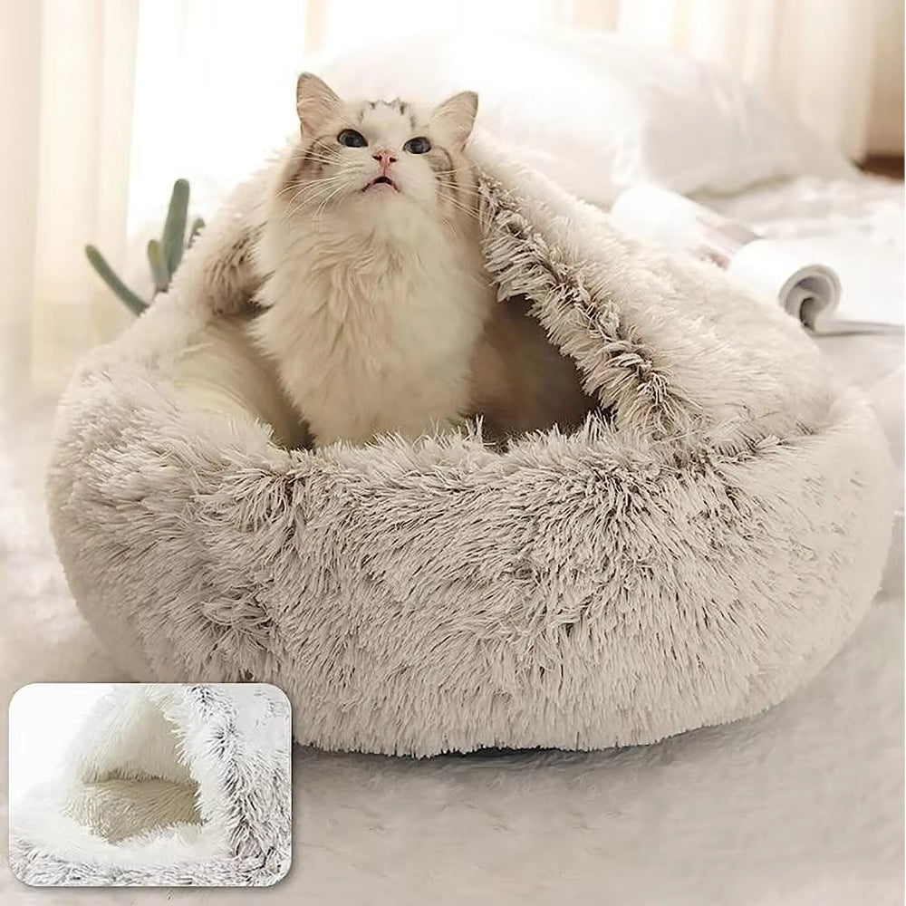 Long Soft Plush round Cat Bed Comfortable Warm