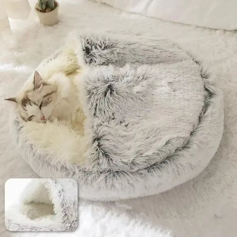 Long Soft Plush round Cat Bed Comfortable Warm