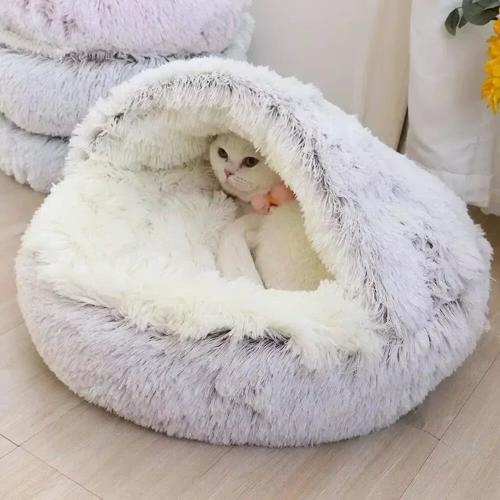 Long Soft Plush round Cat Bed Comfortable Warm