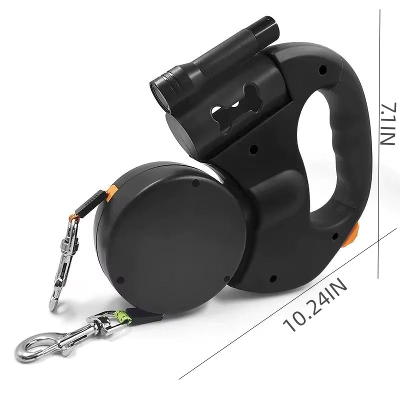 Self-Retracting Leash with LED Light, Dog Walker with 360° Swivel Double-Ended Leash, Separate Brake with 3 M Reflective Leash