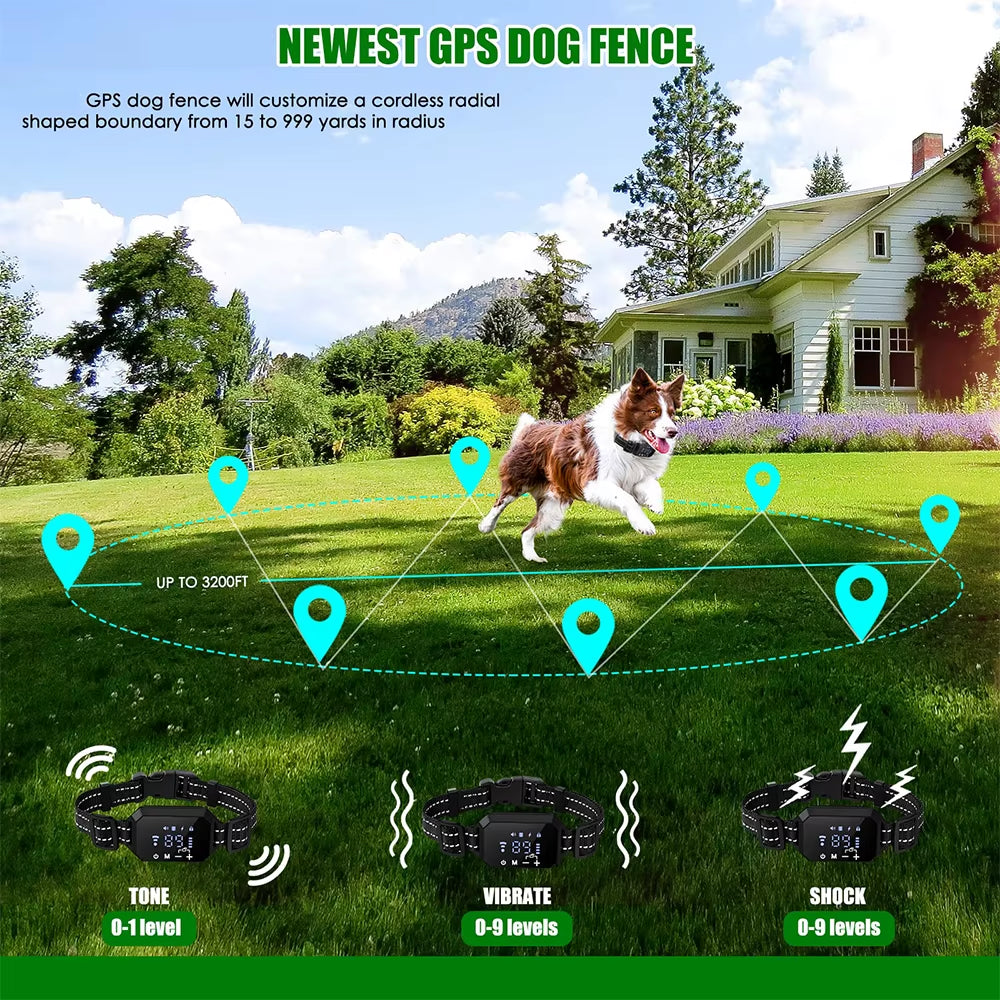 GPS Wireless Dog Fence, Electric Shock Vibrate , Range 100-3300 Ft, Adjustable Warning Strength, Rechargeable, Pet Containme